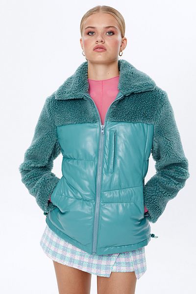 Derimod Miami Women's Green Teddy Puffer Leather Jacket 22Wgd5024Fx