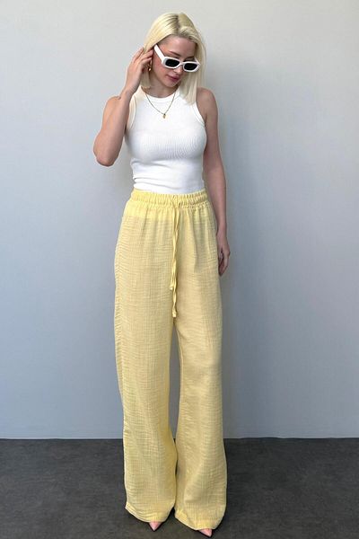 Madmext Yellow Wide Leg Muslin Women's Trousers Mg1980