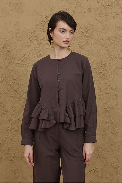 Fahhar Flounce Detailed Shirt Brown