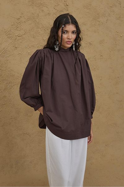 Fahhar Shirring Detailed Shirt Brown