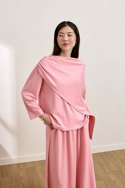 Ceylan Otantik Pink Skirt & Scarf Blouse Set