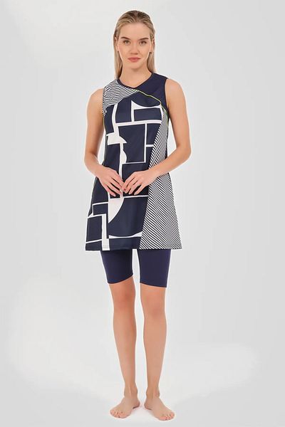 Bordomix 24803 Women's Navy Blue Geometric Patterned Sleeveless Tights Swimsuit