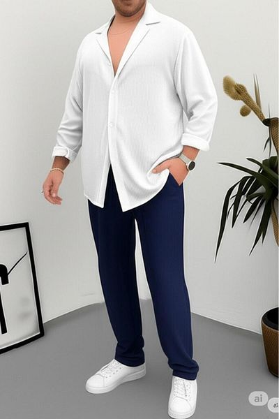 NO 601 Men's White Wrinkled Shirt Navy Blue Trousers Suit