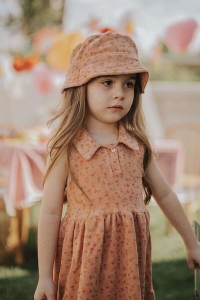 Kirazkids Rochie de culoare somon cu detaliu guler din țesătură prosop cu model de lalele
