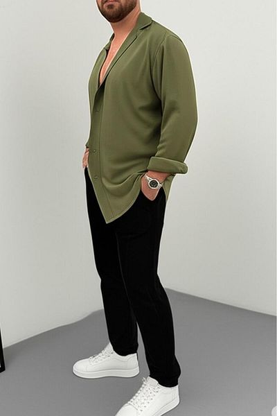 NO 601 Men's Green Wrinkled Shirt Black Trousers Set