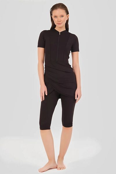 Bordomix 24701 Women's Black Wrap Skirt Look Short Sleeve Semi Covered Swimsuit