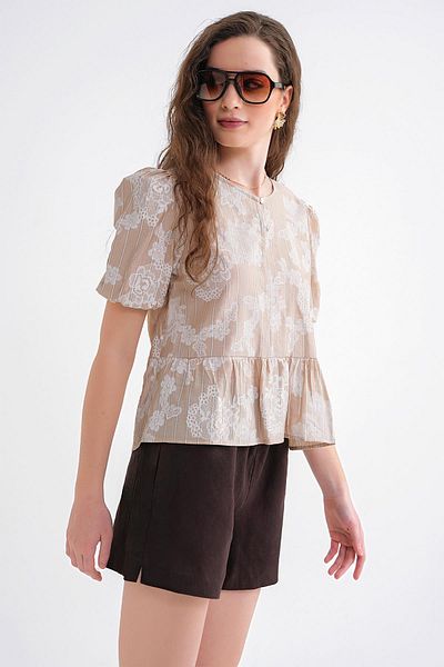 Mixray 4701 Γυναικεία φλοράλ στάμπα Peplum μπλούζα πολύτιμος λίθος