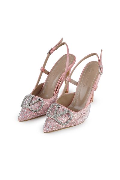 Letafia Vilda Silver Stone Detailed Salmon Pink Heeled Shoes
