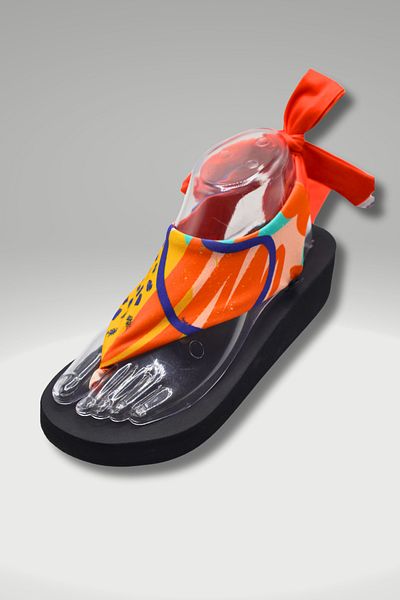 CATCHY Top-Changing Women's Sandals - Black Thick Sole Orange Patterned with Laces