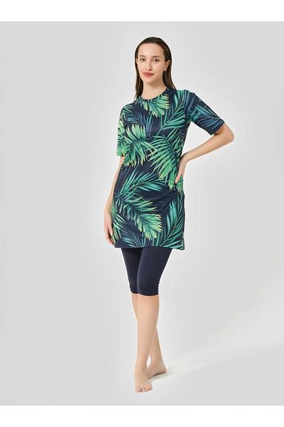 Bordomix 24712 Women's Navy Blue Leaf Patterned Short Sleeve Semi-Covered Swimsuit