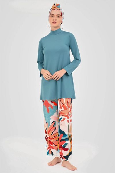 Bordomix 24610 Women's Persian Green Patterned Stylish Hijab Swimsuit