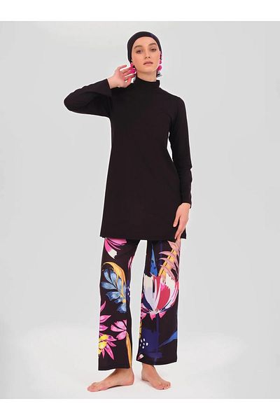 Bordomix 24613 Women's Black Floral Patterned Stylish Hijab Swimsuit