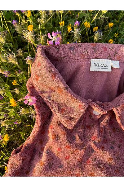 Kirazkids Rochie pentru fetiță, cu model de lalele, din țesătură prosop, cu detaliu de guler