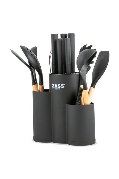 Zass Gourmet Zg-ks 08 Set de cuțite și ustensile de bucătărie cu 14 piese, suport cu 3 compartimente, negru