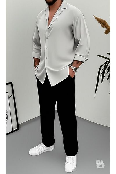 NO 601 Men's Gray Twisted Shirt Black Trousers Set