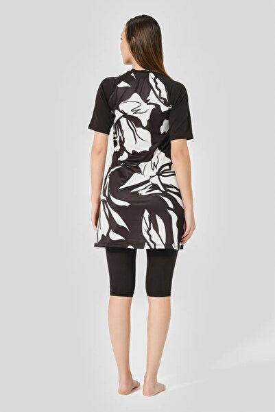 Bordomix 24707 Women's Black Floral Print Short Sleeve Semi Covered Swimsuit