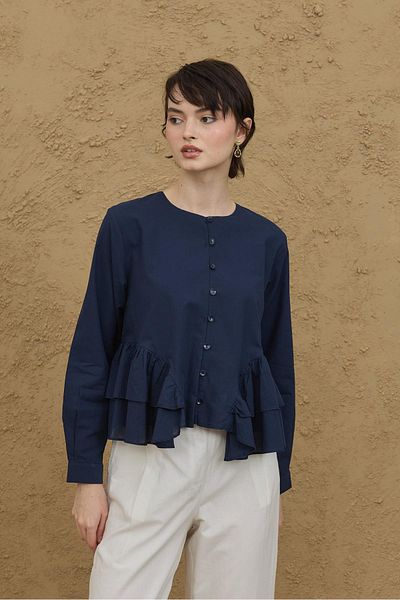 Fahhar Side Flounce Detailed Shirt Navy Blue