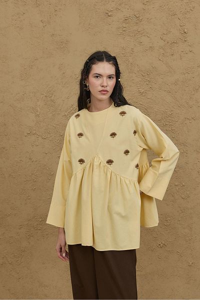 Fahhar Embroidered V-Neck Shirt Yellow