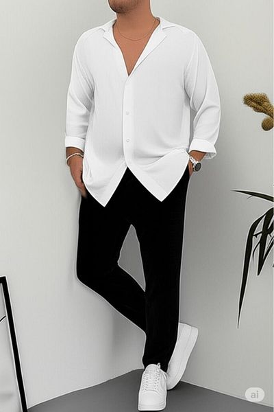 NO 601 Men's White Wrinkled Shirt Black Trousers Set