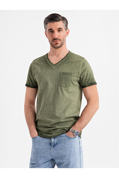 OMBRE Herren-Strick-T-Shirt aus Baumwolle mit V-Ausschnitt und verwaschenem E...