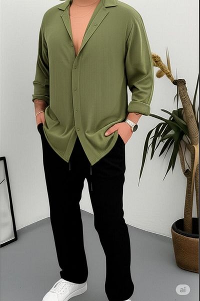 NO 601 Men's Green Wrinkled Shirt Black Trousers Set