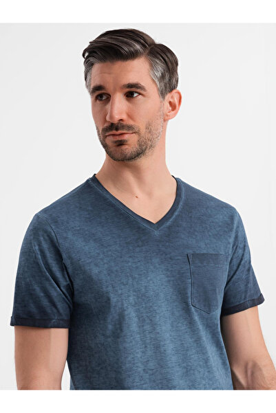 OMBRE Herren-T-Shirt aus Baumwolle mit V-Ausschnitt und Wascheffekt - Marineb...