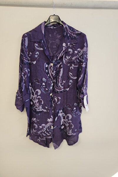 della moor Purple Women's Italian Shawl Pattern Foldable Low Sleeve O Oversized Linen Shirt Tunic