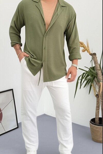 NO 601 Men's Green Wrinkled Shirt White Pantalon Suit