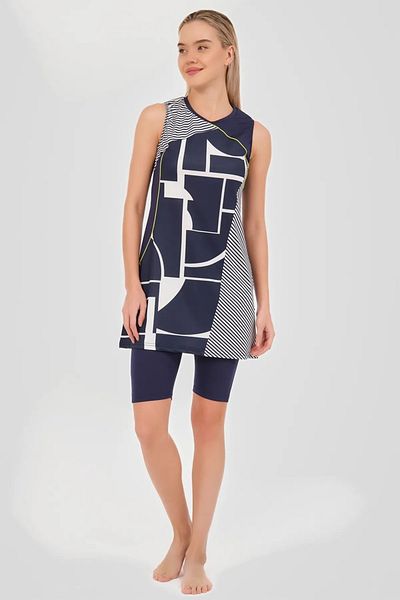 Bordomix 24803 Women's Navy Blue Geometric Patterned Sleeveless Tights Swimsuit
