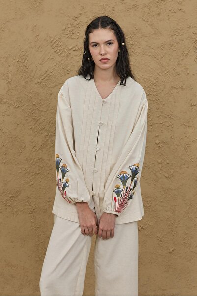 Fahhar Lotus Embroidered Ribbed Shirt Natural