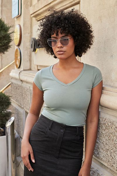 Jument V-Neck Short Sleeve Lycra Cotton Fabric Body-dark Mint