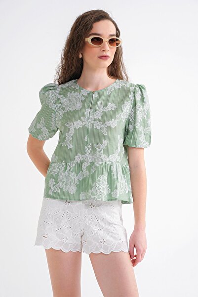 Mixray 4701 Γυναικεία φλοράλ εμπριμέ μπλούζα Peplum Çağla