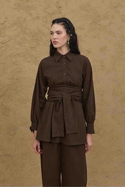 Fahhar Λινό πουκάμισο με φαρδύ λουράκι Bitter Brown