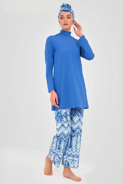 Bordomix 24605 Women's Blue Patterned Stylish Hijab Swimsuit