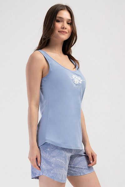 VİENETTA Women's Wide Strap Blue Shorts Pajama Suit C4T2N3O804