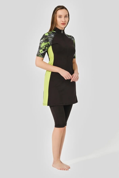 Bordomix 24710 Women's Green Detailed Zipper Closure Short Sleeve Semi-Covered Swimsuit