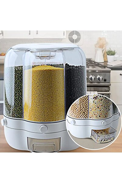 Denx 360 Degree Rotating White Rice Dispenser 9kg Capacity, Airtight Dry Grain Dispenser, Moisture-Proof, Kitchen