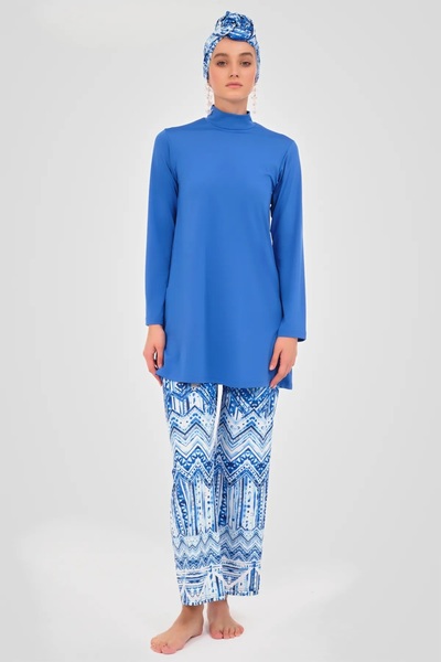 Bordomix 24605 Women's Blue Patterned Stylish Hijab Swimsuit