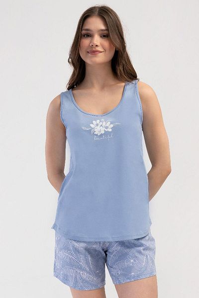 VİENETTA Women's Wide Strap Blue Shorts Pajama Suit C4T2N3O804
