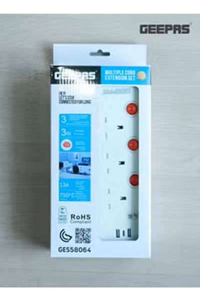 Geepas 3-way Extension Socket With Individual Switches 2 Way Usb Ports