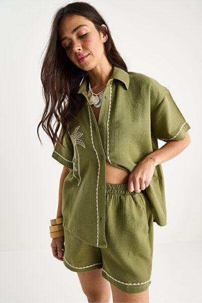 Bianco Lucci Γυναικείο κέντημα με παλάμη άνετο πουκάμισο με λεπτομέρεια σορτς μουσελίνα κάτω-κορυφή κοστούμι G28-4884 60283359