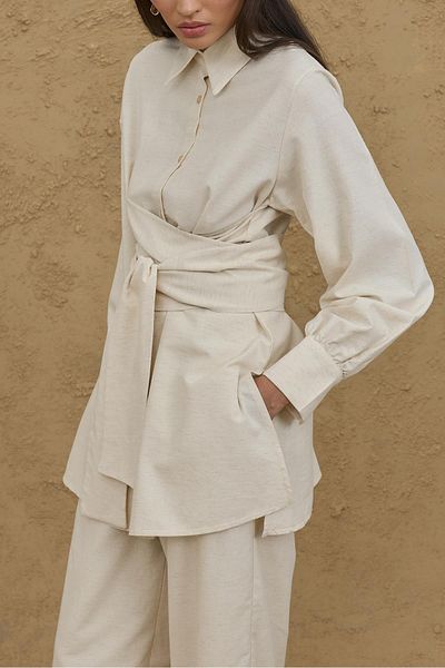 Fahhar Wide Belted Linen Shirt Natural