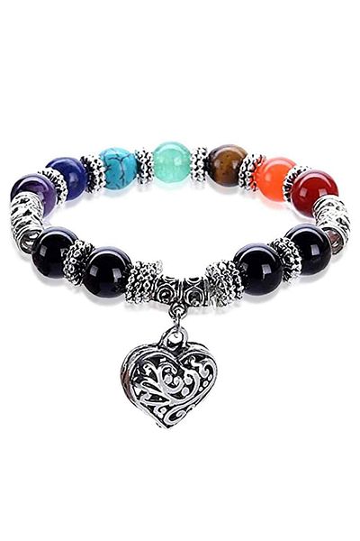 craftmystic Bratara 7 chakra cu margele din pietre semipretioase si pandantiv inima 10mm