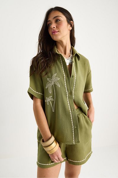 Bianco Lucci Women's Palm Embroidered Comfortable Shirt Pocket Detailed Shorts Muslin Bottom-Top Set G28-4884 60283359