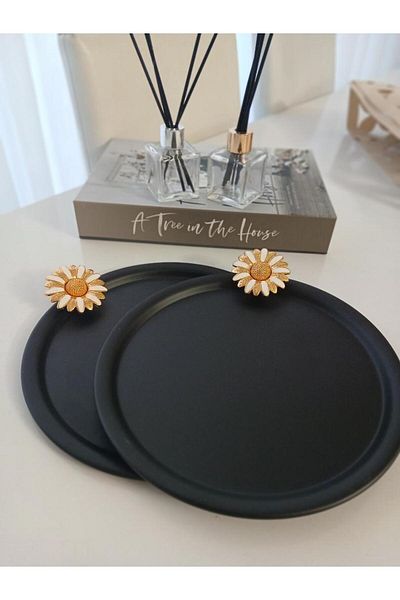 SEFHOME 2 Pcs Black Round Patterned Gold Floral Presentation Tray, Decorative Serving Tray Tea Coffee 23 cm