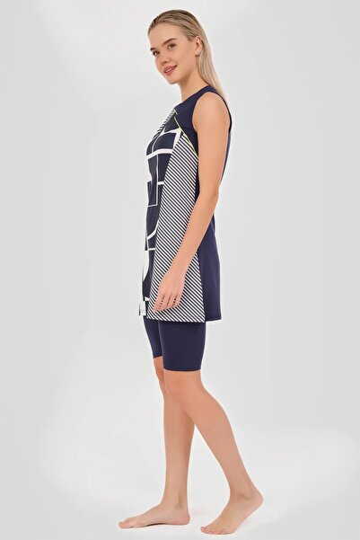 Bordomix 24803 Women's Navy Blue Geometric Patterned Sleeveless Tights Swimsuit