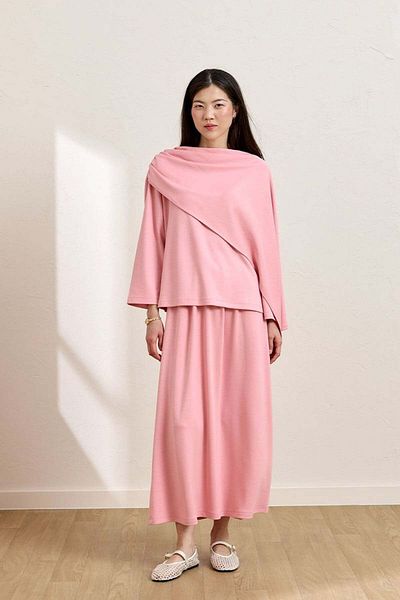 Ceylan Otantik Pink Skirt & Scarf Blouse Set