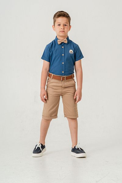 Esterella Boy / Short Sleeve Shirt Lapel Bow Tie Suit/Oxford Shirt - Shorts / Belted Shorts Suit