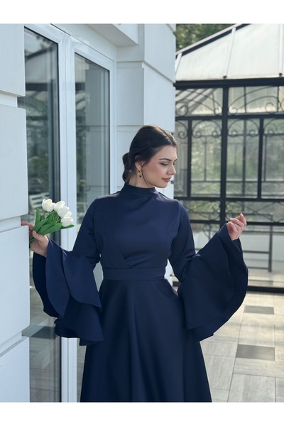 essolaria MİORA Kadın Lacivert Kolları Volanlı Tesettür Elbise/Abiye