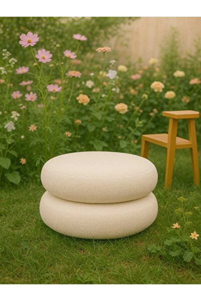 schane home Yuvarlak BEYAZ&BEYAZ YerMinderi 55 cm FERMUARLI Konforlu Oturum Yumuşak Kumaş İÇ VE DIŞ KULLANIM